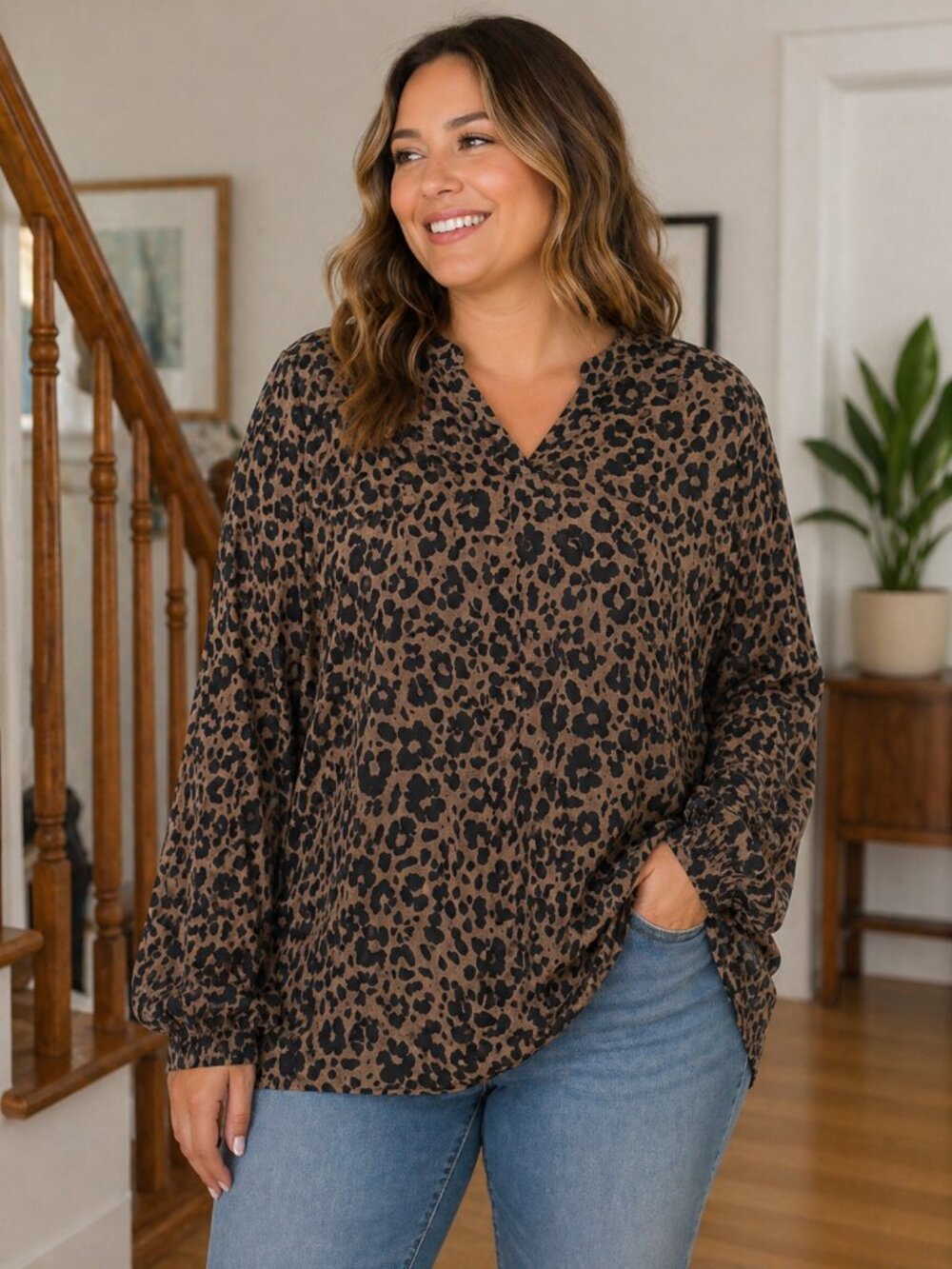 LIA women's animal print long sleeved shirt 1X, 2X, 3X sizes